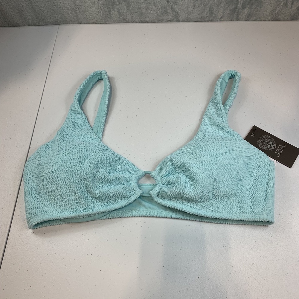 Vince Camuto Women's Bikini Swim Top L Halter Blue Textured O Ring Oasis Blue